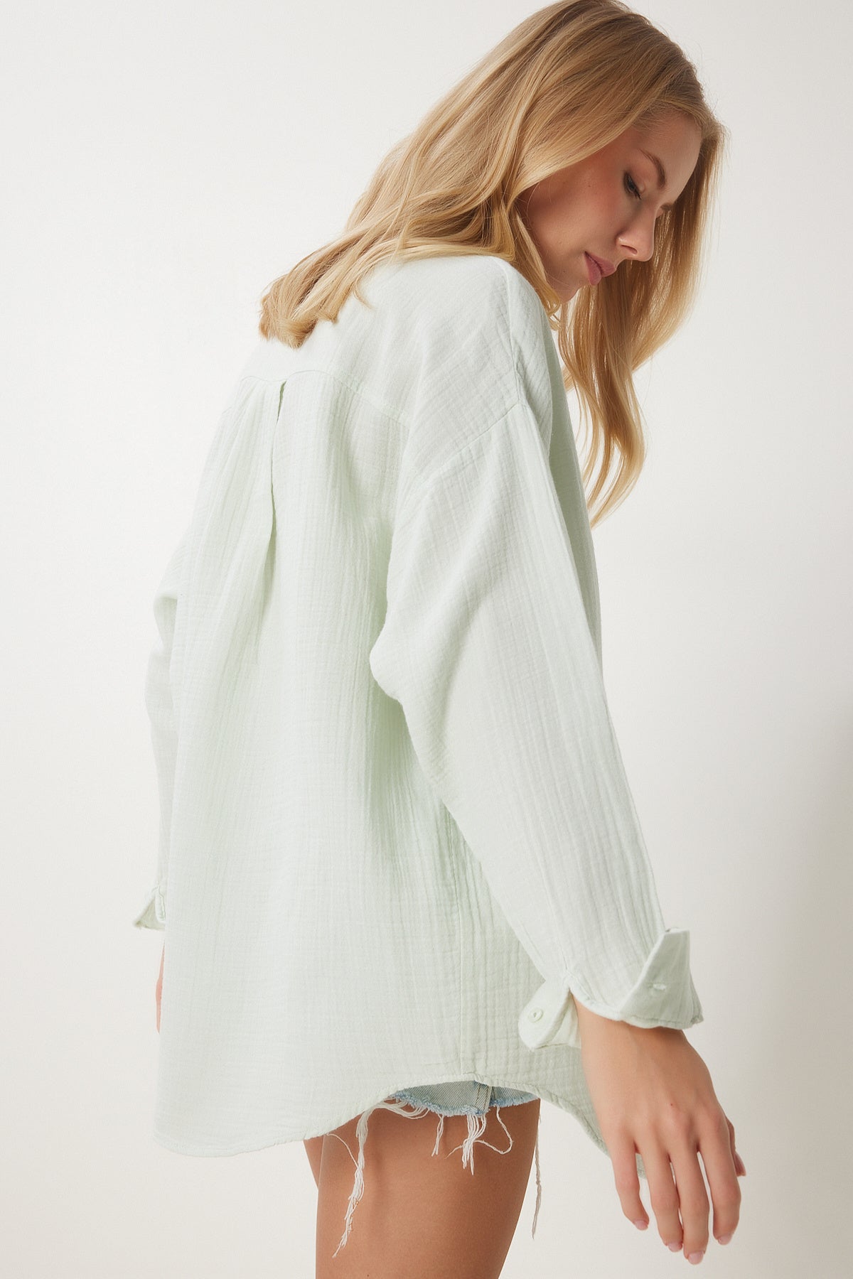 Su Yeşili Oversize Basic Müslin Gömlek  MX00150