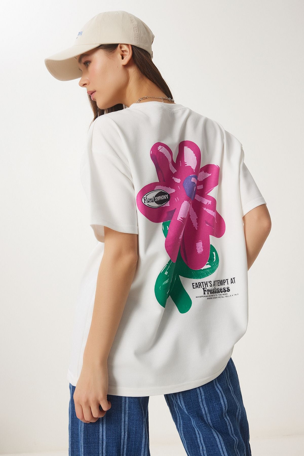 Ekru Çiçek Baskılı Oversize Örme T-Shirt ZV00282