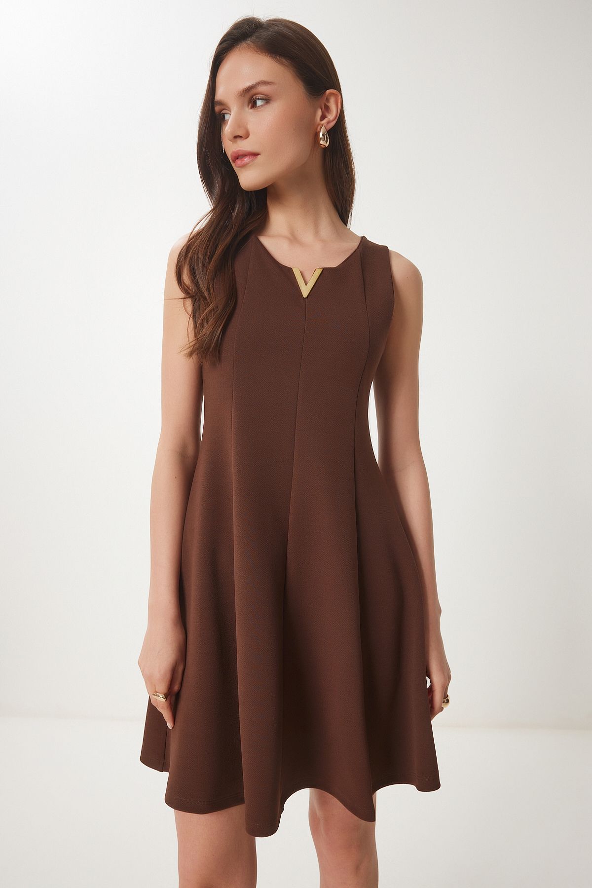 Kahverengi Volanlı Mini Örme Elbise ZV00296