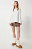 Ekru Yandan Yırtmaçlı Oversize Örme Sweatshirt UL00050