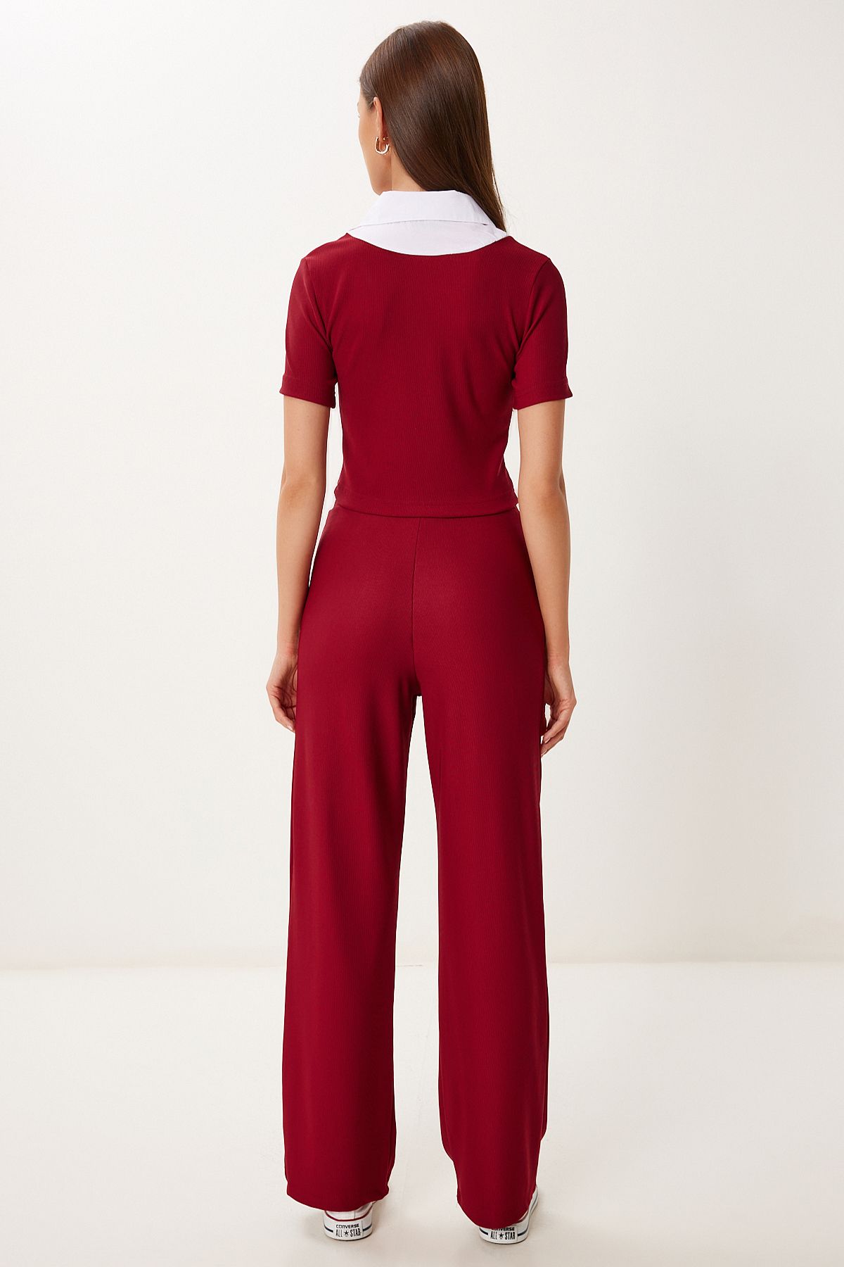 Bordo Polo Yaka Esnek Fitilli Örme Takım ZH00054