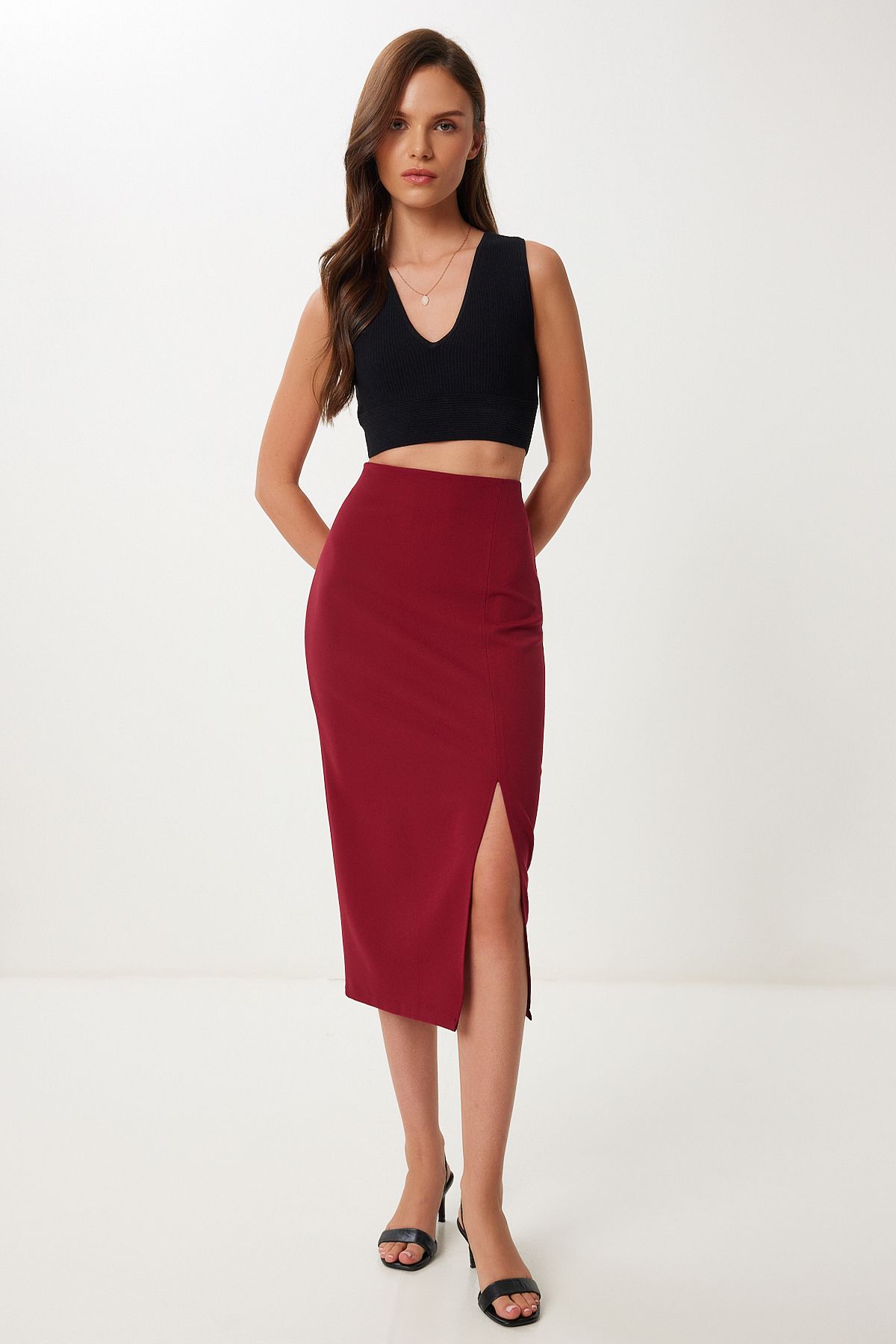 Bordo Yırtmaçlı Dokuma Kalem Etek RV00211