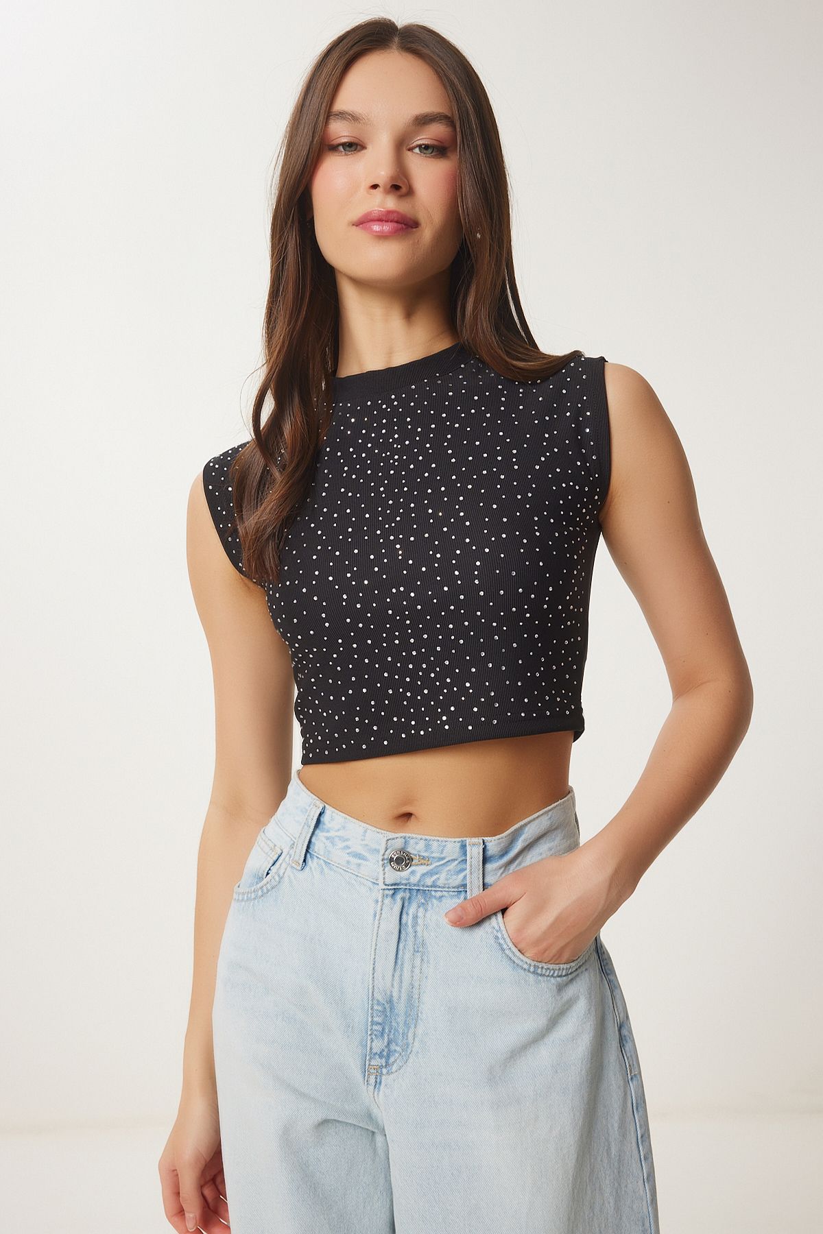 Siyah Taşlı Fitilli Crop Bluz KH00099