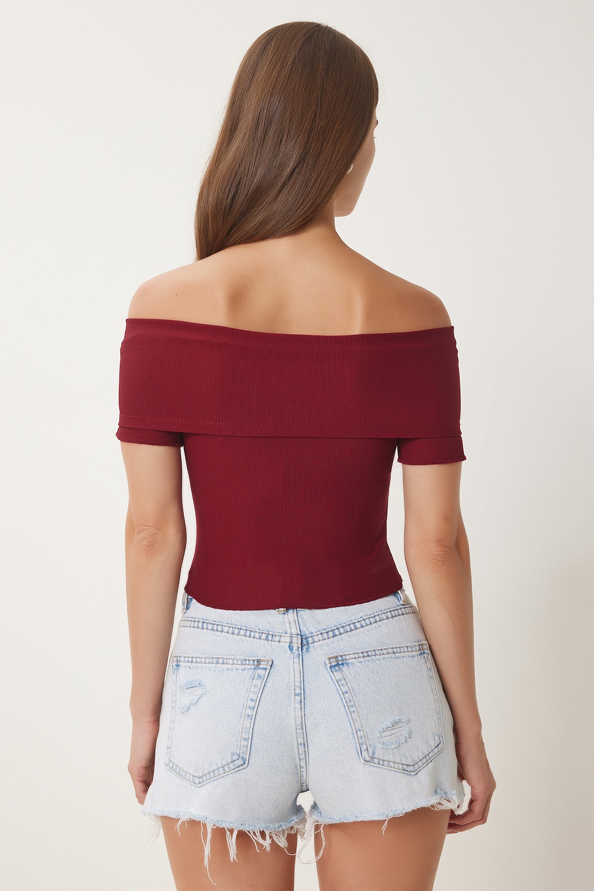 Bordo Carmen Yaka Kelebek Detaylı Örme Bluz FW00008