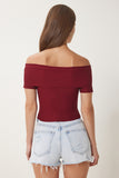 Bordo Carmen Yaka Kelebek Detaylı Örme Bluz FW00008