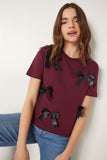 Bordo Fiyonklu Pamuklu Örme T-Shirt CR00453