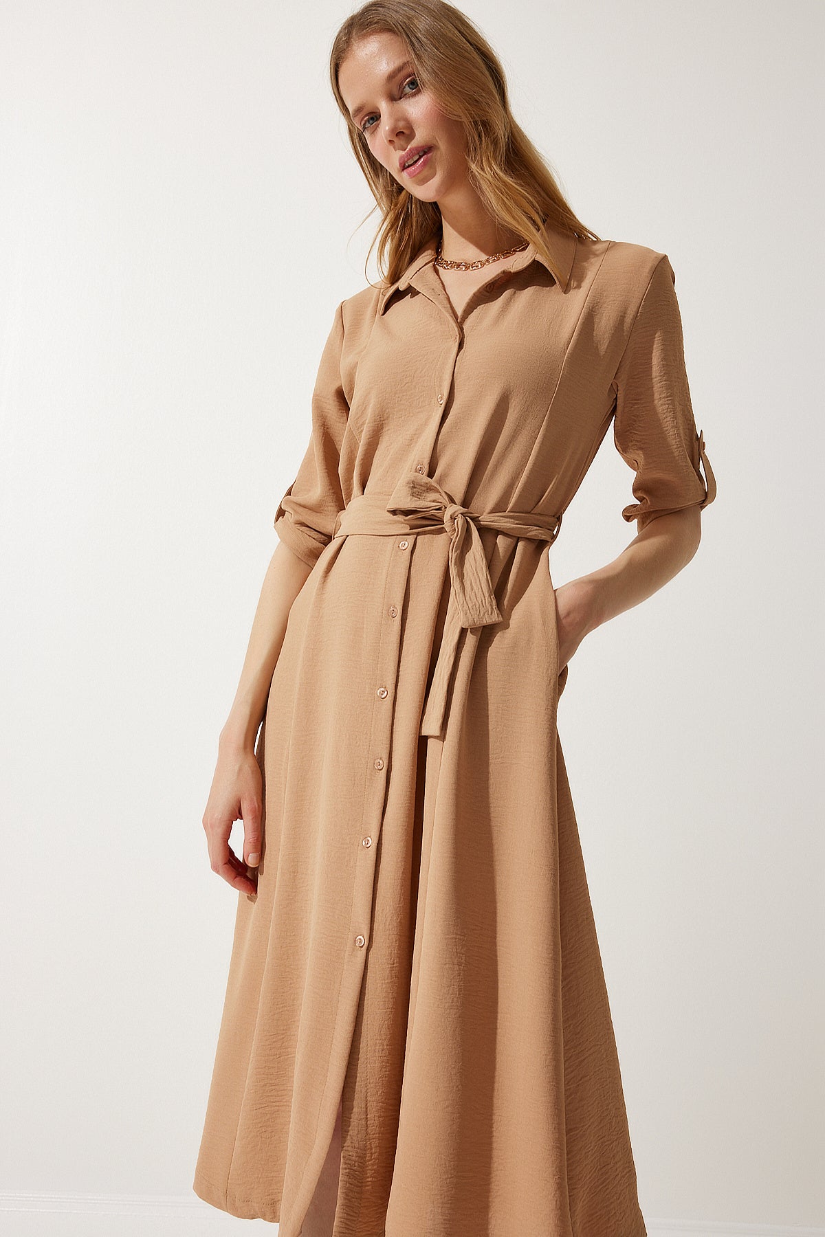 Camel Kuşaklı Gömlek Elbise DD01256