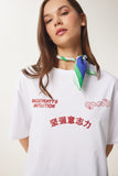 Beyaz Oversize Baskılı Pamuklu Örme T-Shirt UB00371