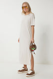 Krem Oversize Basic Yazlık Örme Elbise UB00299