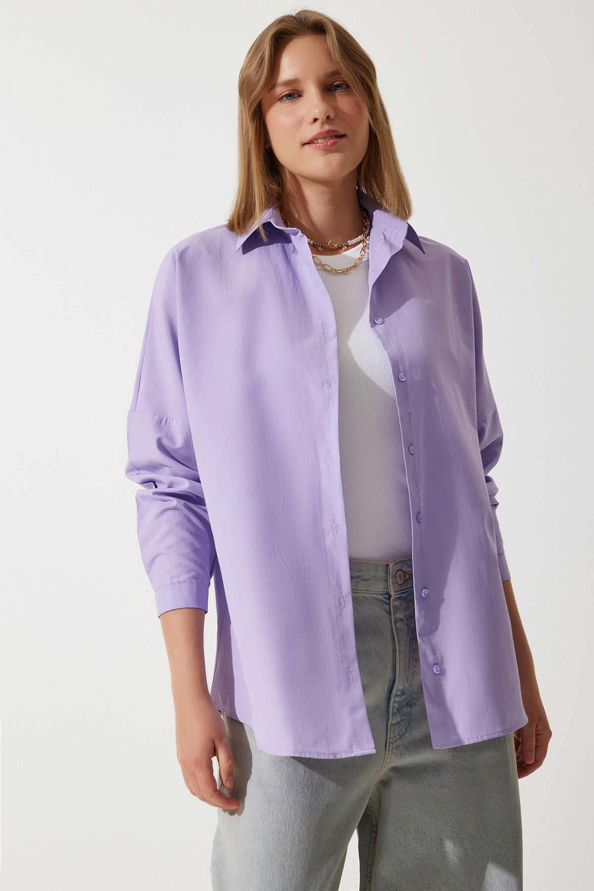 Lila Oversize Uzun Basic Gömlek DD00842