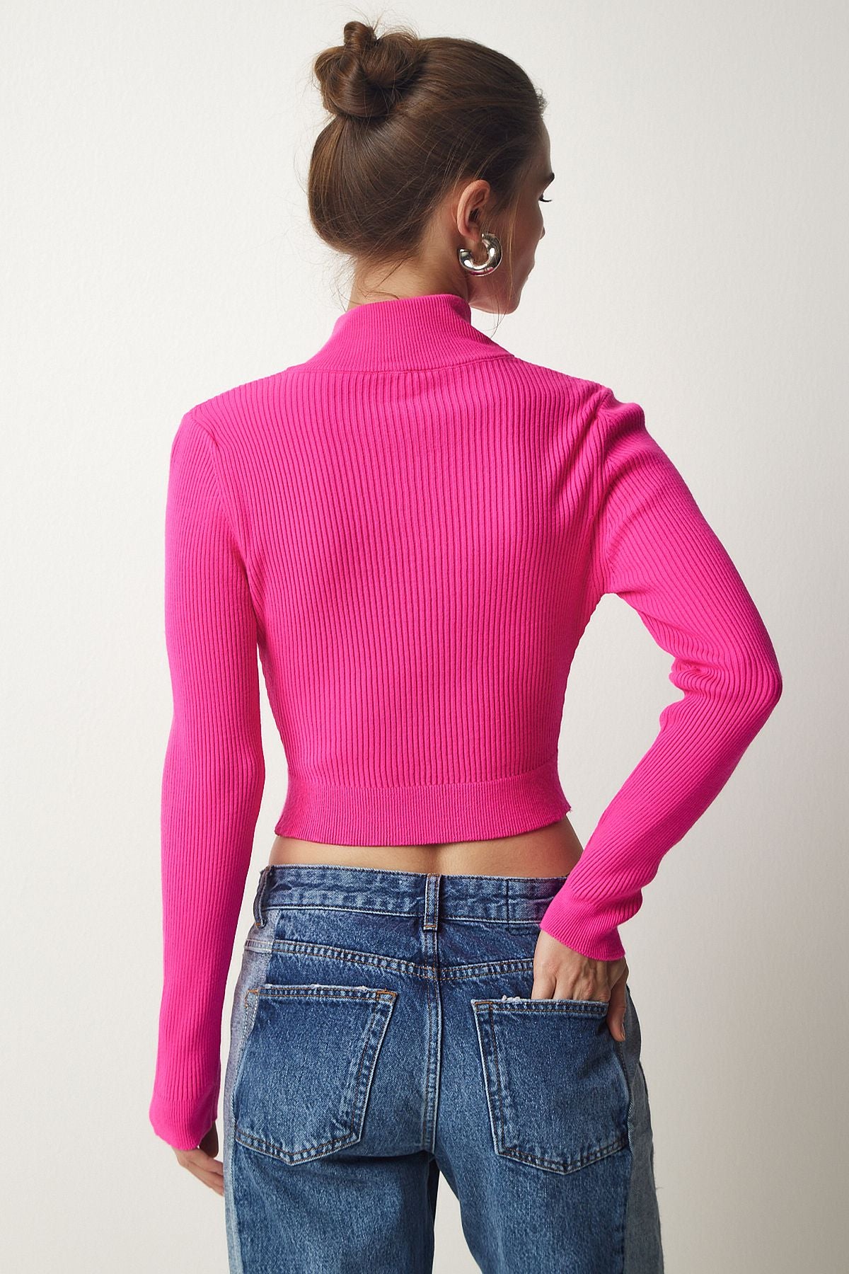 Pembe Fermuarlı Fitilli Crop Triko Kazak PF00027