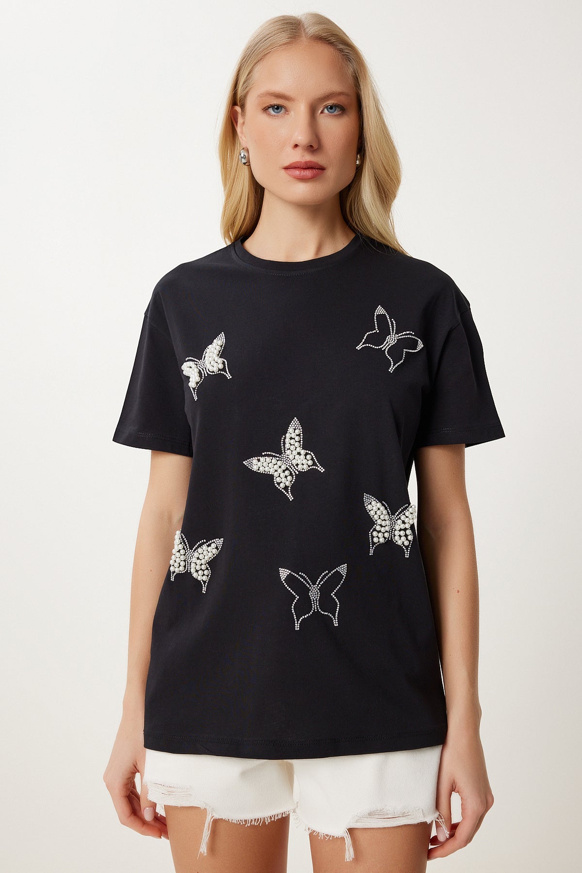 Siyah İncili Kelebek Taşlı Örme T-Shirt MP00033