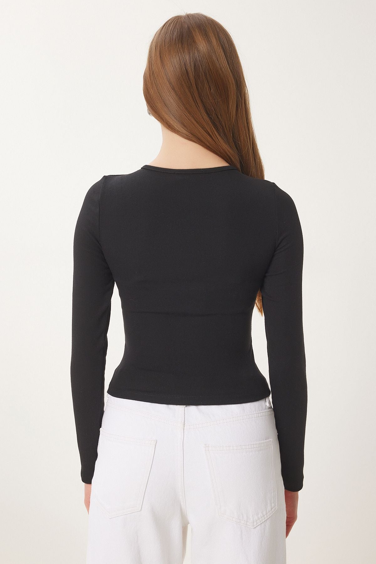 Siyah Çıtçıtlı Basic Örme Crop Bluz FW00002