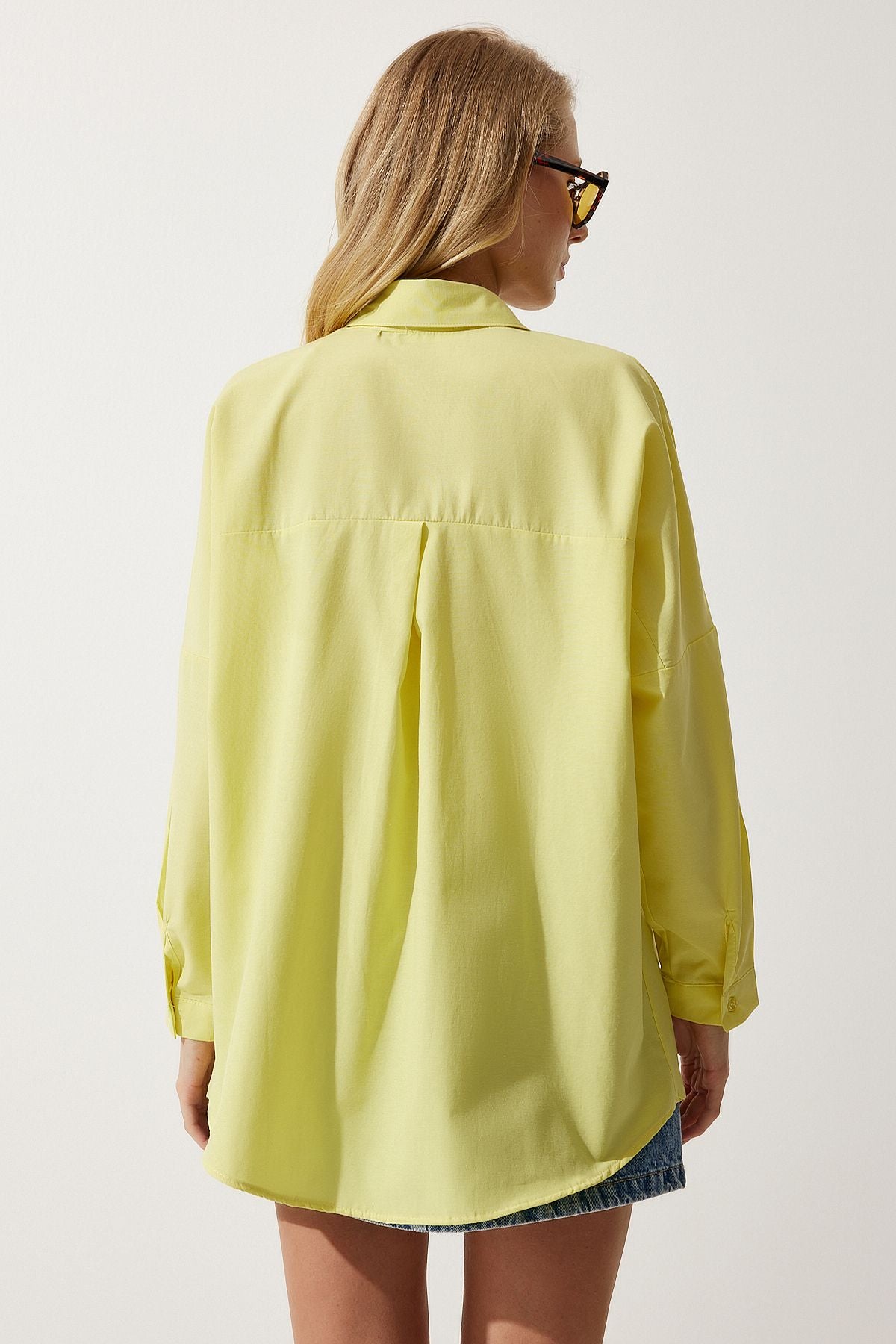 Açık Sarı Oversize Uzun Basic Gömlek  DD00842
