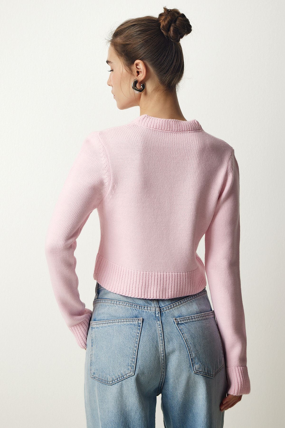 Açık Pembe V Yaka Crop Triko Kazak PF00040