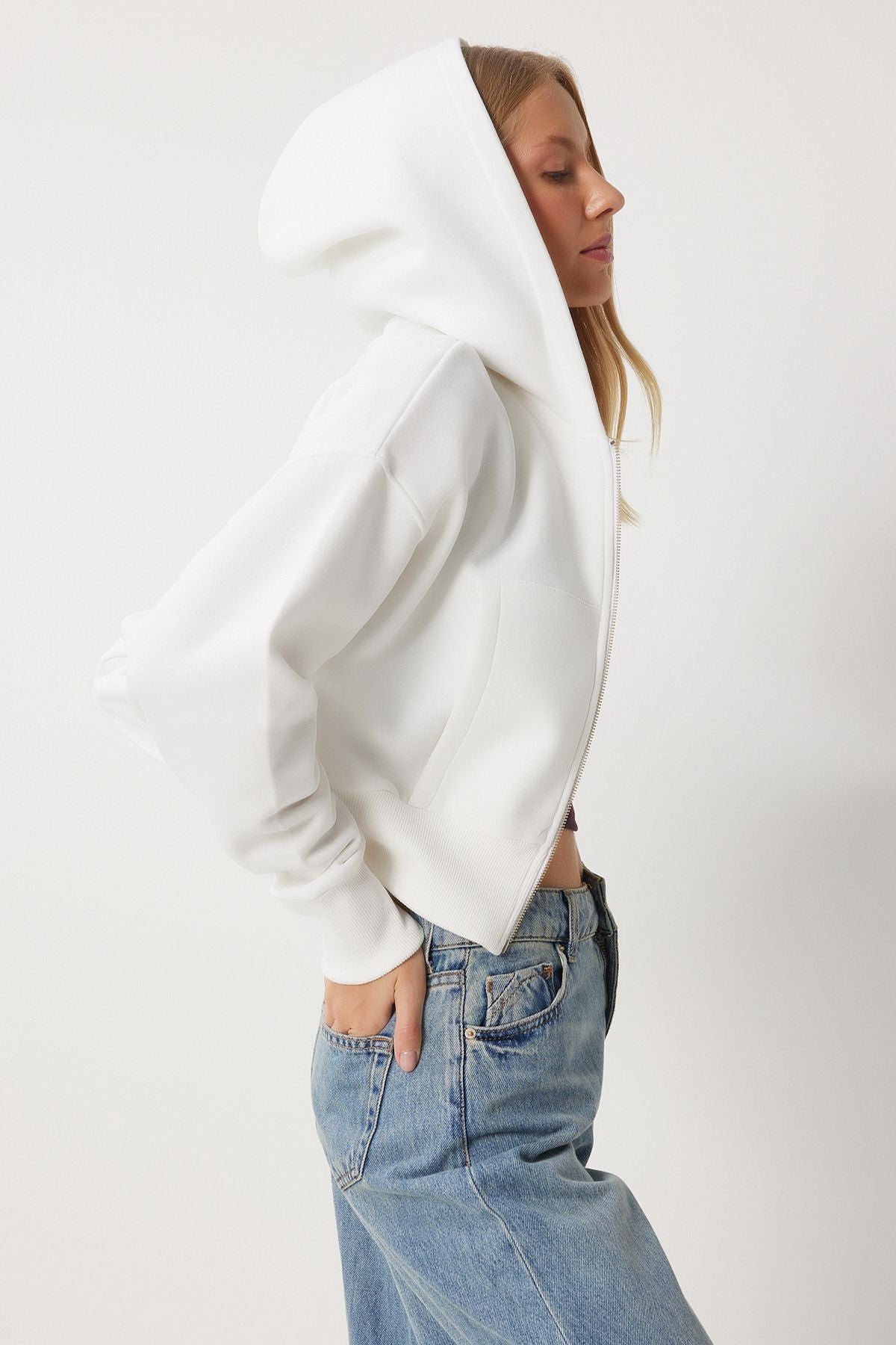 Ekru Kapüşonlu Şardonlu Fermuarlı Sweatshirt OW00051