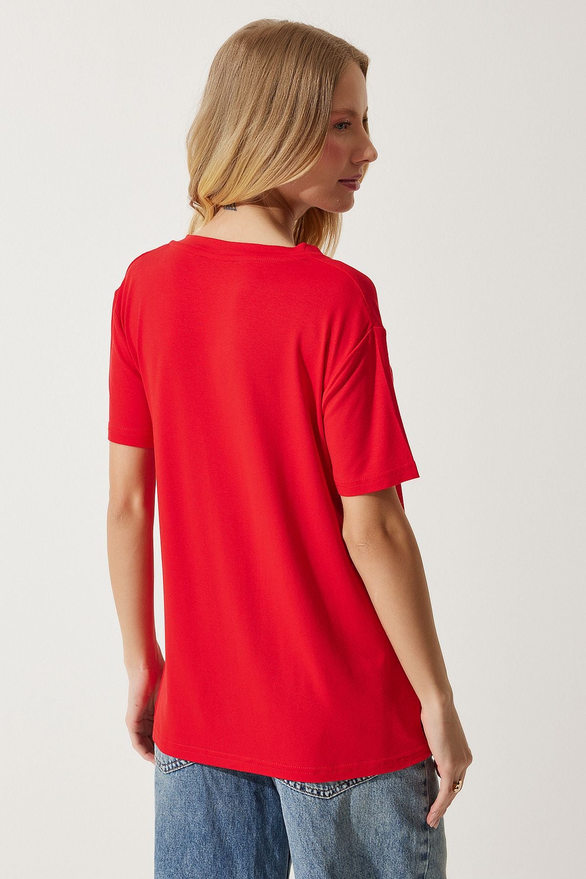 Kırmızı V Yaka Basic Viskon Örme T-Shirt EN00613