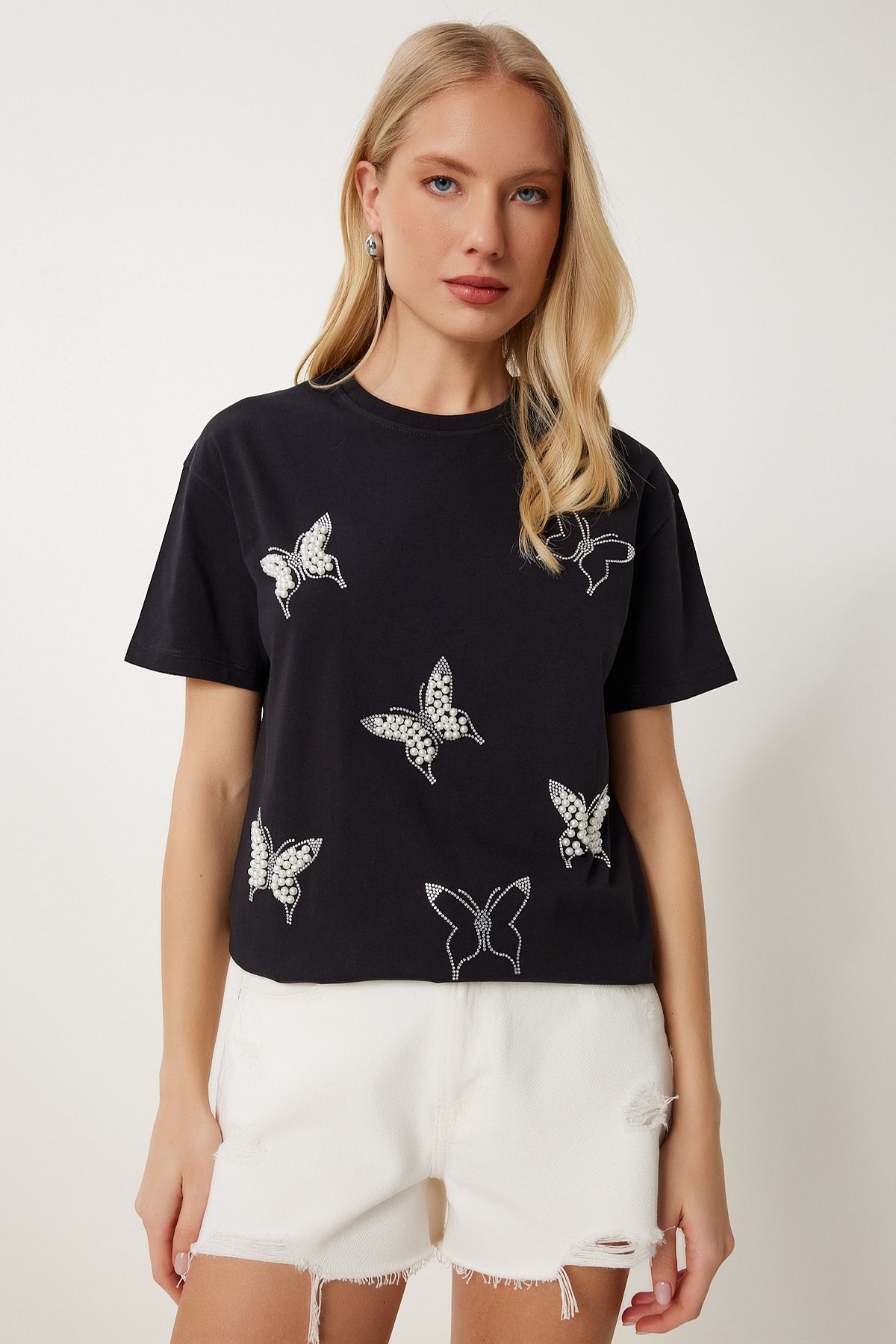 Siyah İncili Kelebek Taşlı Örme T-Shirt MP00033