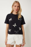 Siyah İncili Kelebek Taşlı Örme T-Shirt MP00033