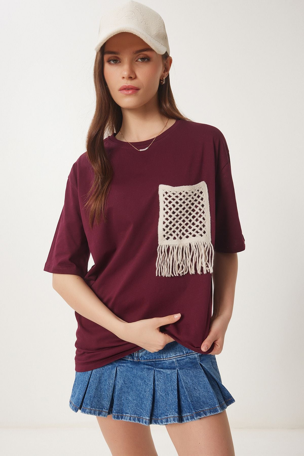 Bordo Oversize Nakış Cepli Örme T-Shirt ZV00277