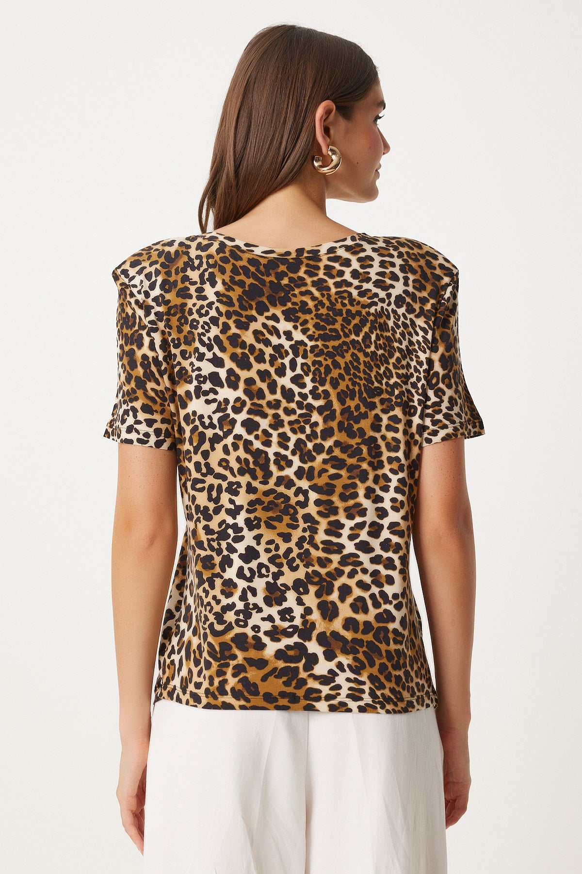 Siyah Bej Leopar Desenli Vatkalı Örme Viskon Bluz  FN03285