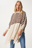 Krem Çizgili Yandan Yırtmaçlı Oversize Panço Kazak DD01336