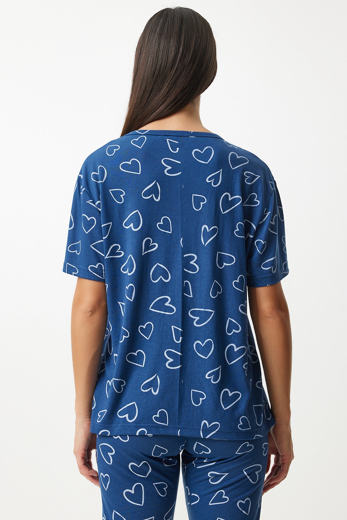 Lacivert Desenli Viskon Pantolon T-Shirt Pijama Takımı EC00046