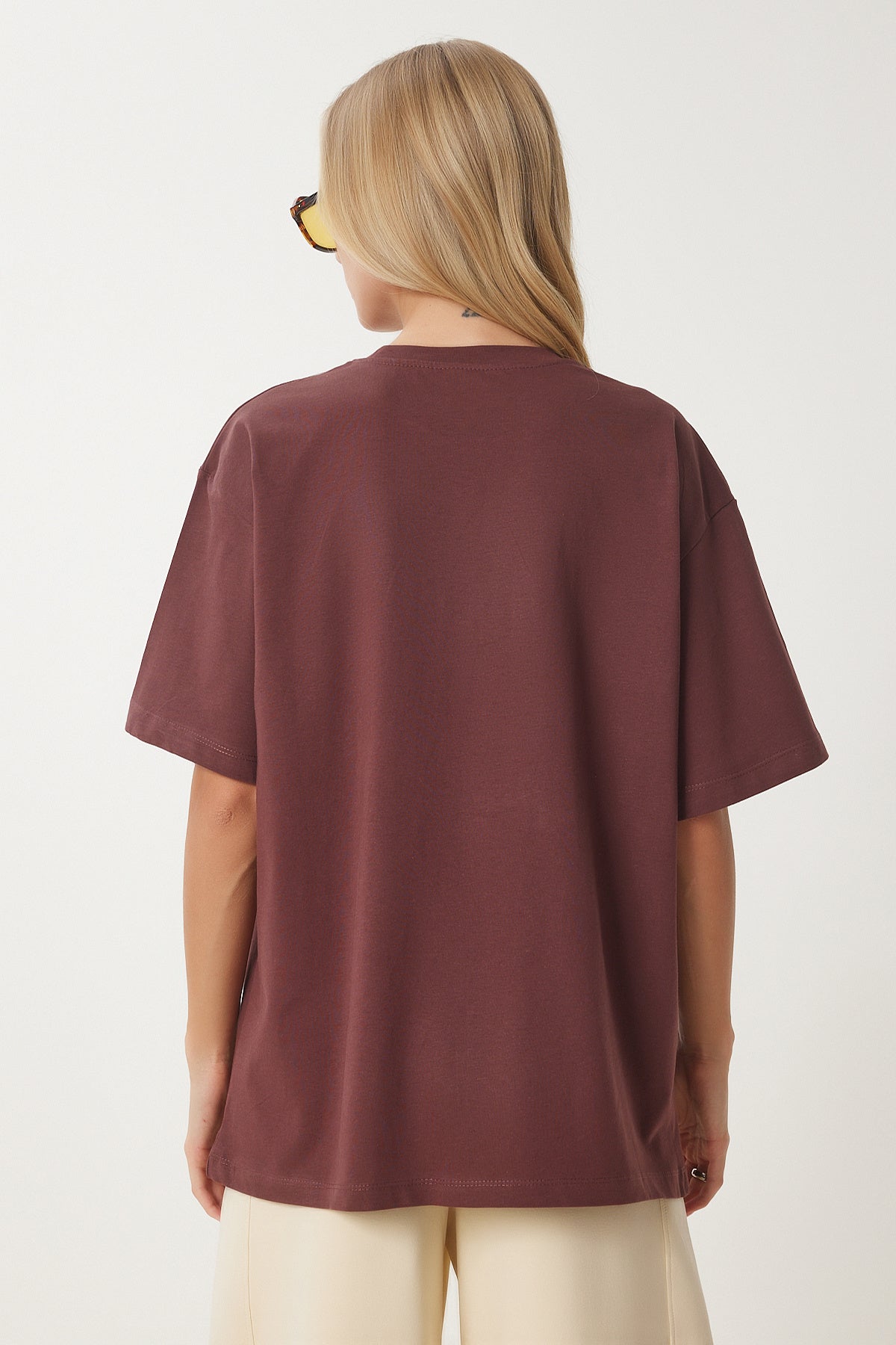 Kahverengi Ayıcık Armalı Pamuklu Oversize Örme T-Shirt CR00464