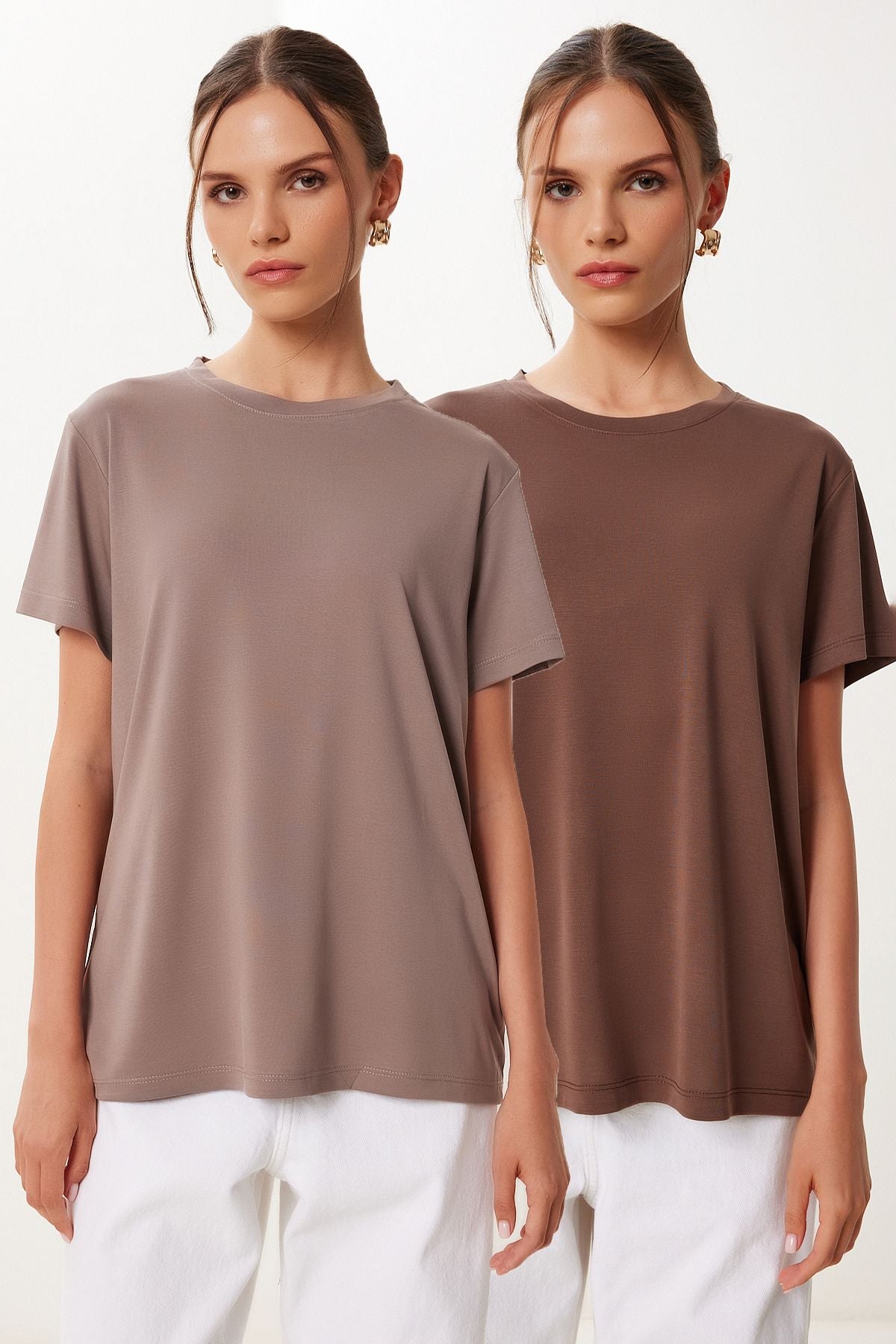 Vizon Kahverengi 2’Li Paket Basic Modal Örme T-Shirt FN03468