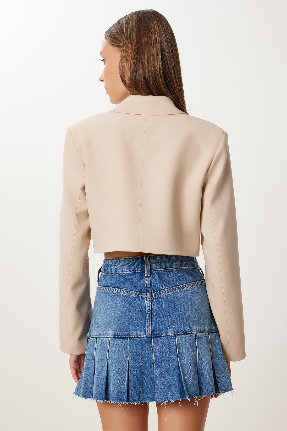 Koyu Krem Vatkalı Crop Dokuma Ceket KT00019
