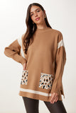 Camel Leopar Cepli Kontrast Renkli Triko Kazak YY00258