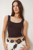 Kahverengi Kontrast Şeritli Crop Örme Bluz FW00005