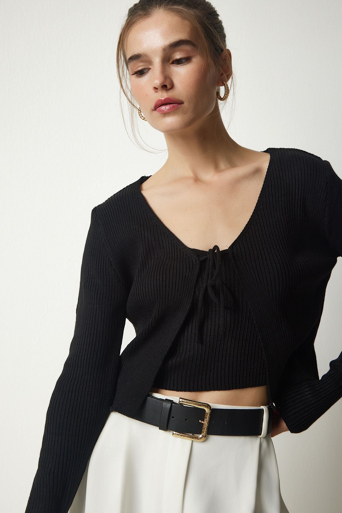 Siyah Fitilli Triko Crop Hırka Takım MT00143