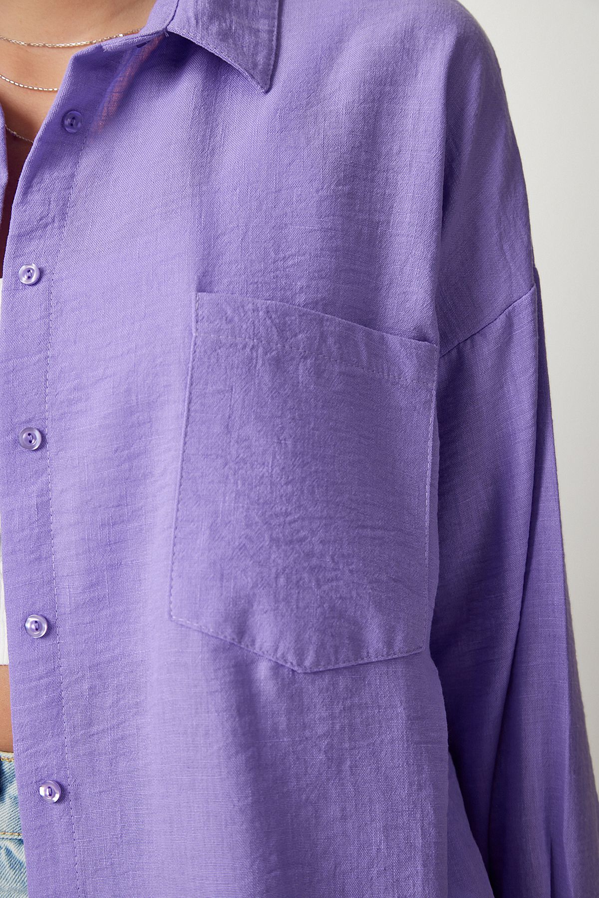 Lila Oversize Keten Ayrobin Gömlek DD01222