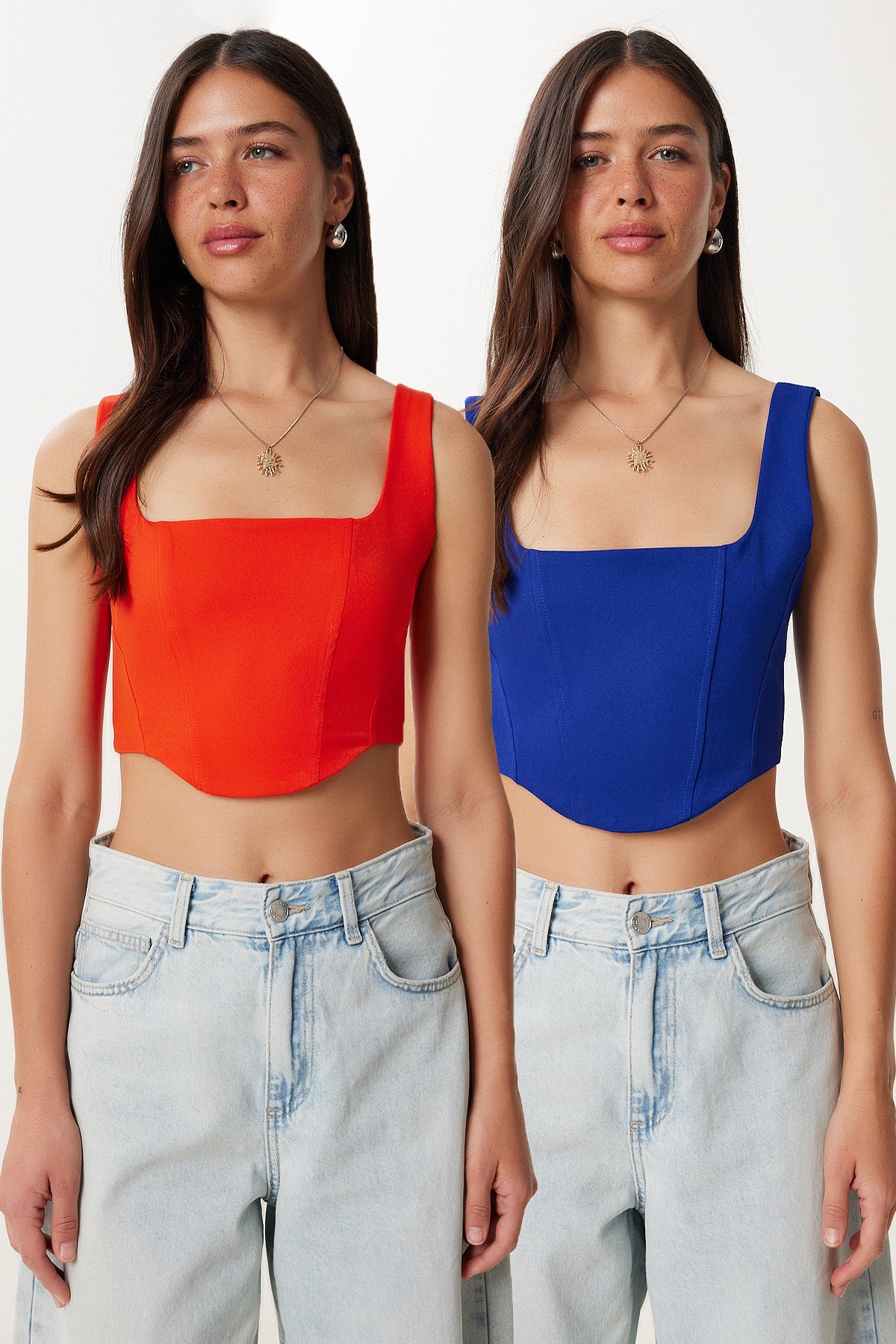 Oranj Koyu Mavi 2’Li Paket Askılı Crop Dokuma Bluz MX00220