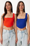 Oranj Koyu Mavi 2’Li Paket Askılı Crop Dokuma Bluz MX00220