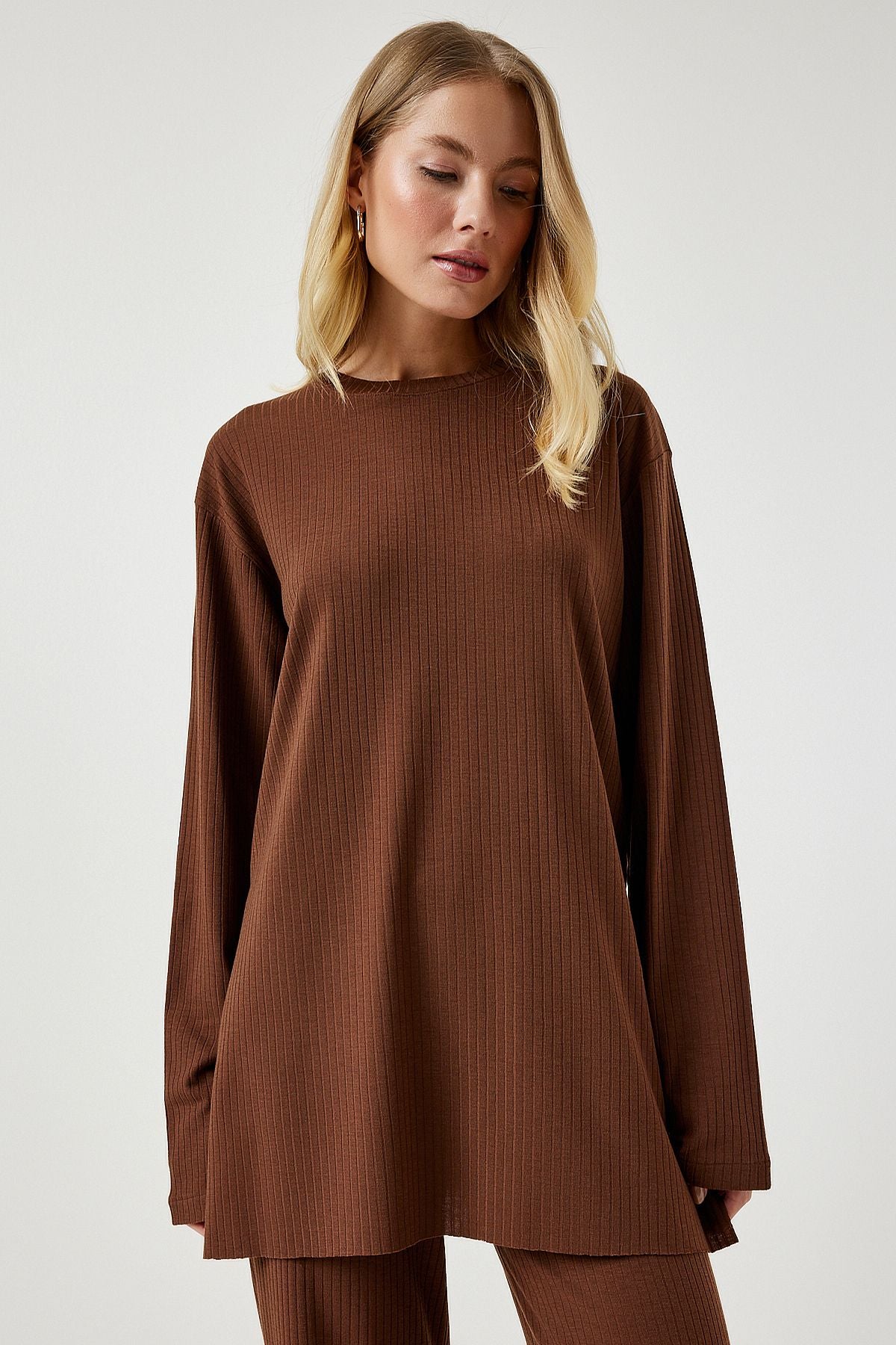 Kahverengi Fitilli Örme Bluz Pantolon Takım KH00088