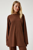 Kahverengi Fitilli Örme Bluz Pantolon Takım KH00088