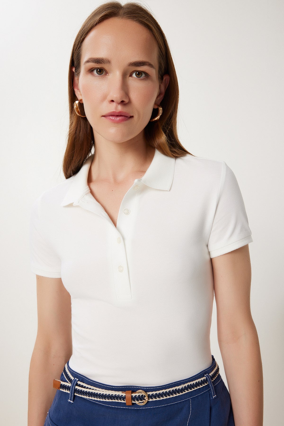Ekru Polo Yaka Örme T-Shirt FK00039