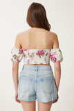 Krem Pembe Desenli Crop Viskon Bluz CR00510