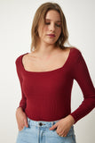 Bordo Kare Yaka Fitilli Örme Bluz GT00052