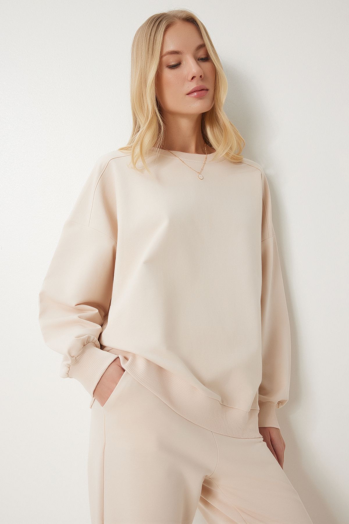 Krem Bisiklet Yaka Oversize Örme Eşofman Takımı FN03456