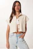 Krem Cepli Keten Crop Gömlek ZH00056