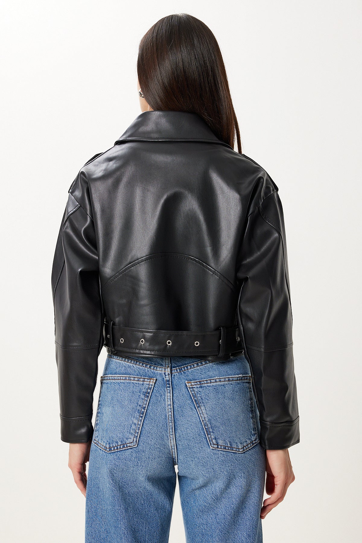 Siyah Kemerli Crop Suni Deri Ceket GZ00003