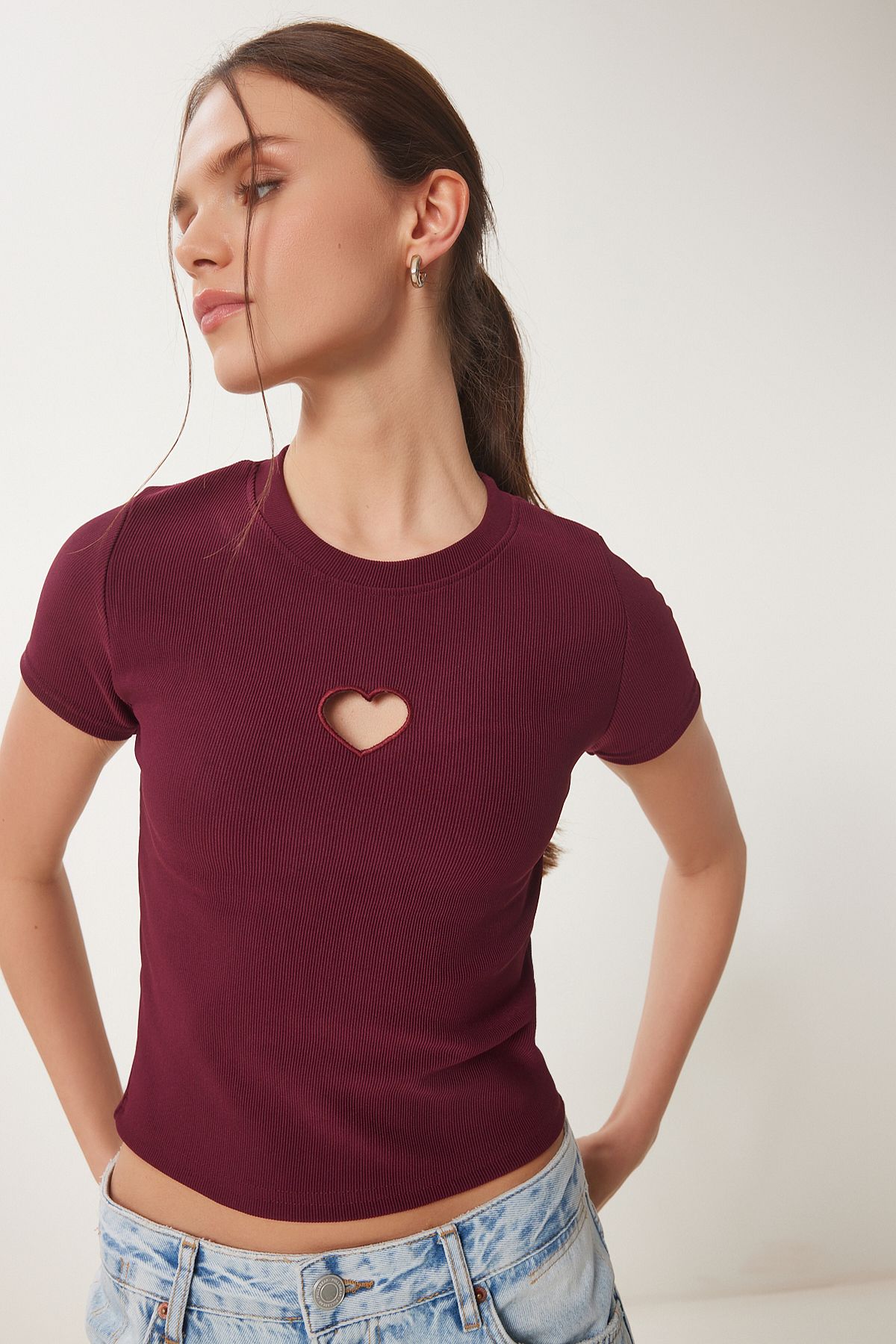 Bordo Kalp Nakışlı Fitilli Örme T-Shirt ZV00289