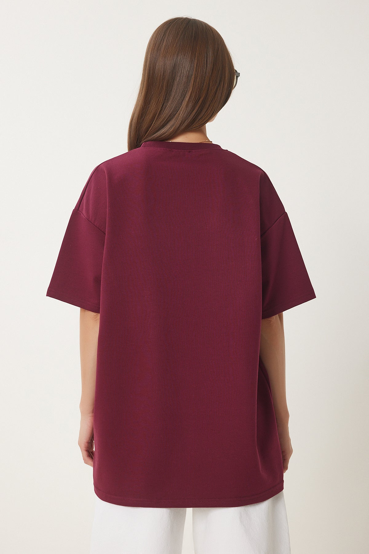 Bordo Ayıcık İşlemeli Oversize Örme T-Shirt ZV00286