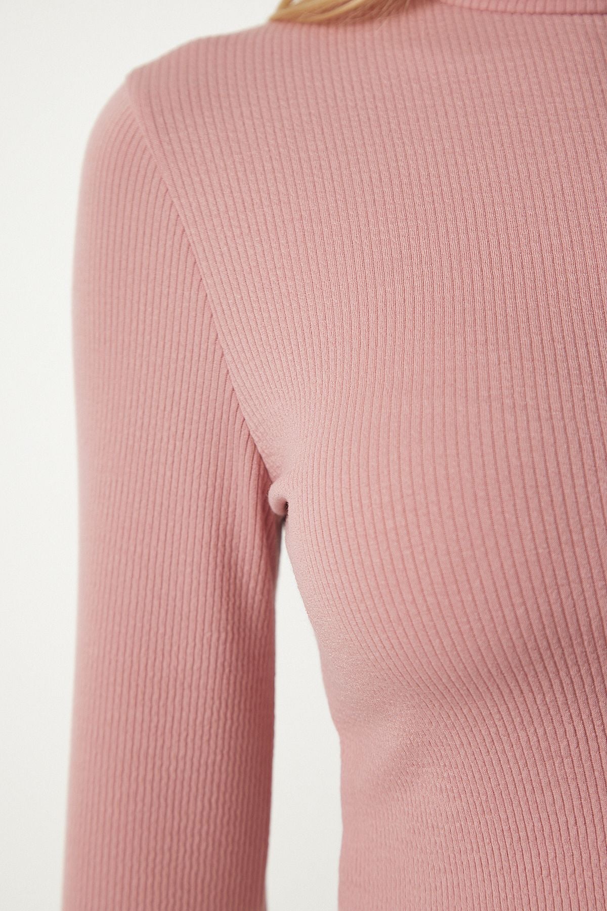 Gül Kurusu Dik Yaka Fitilli Kaşkorse Crop Bluz ub00165