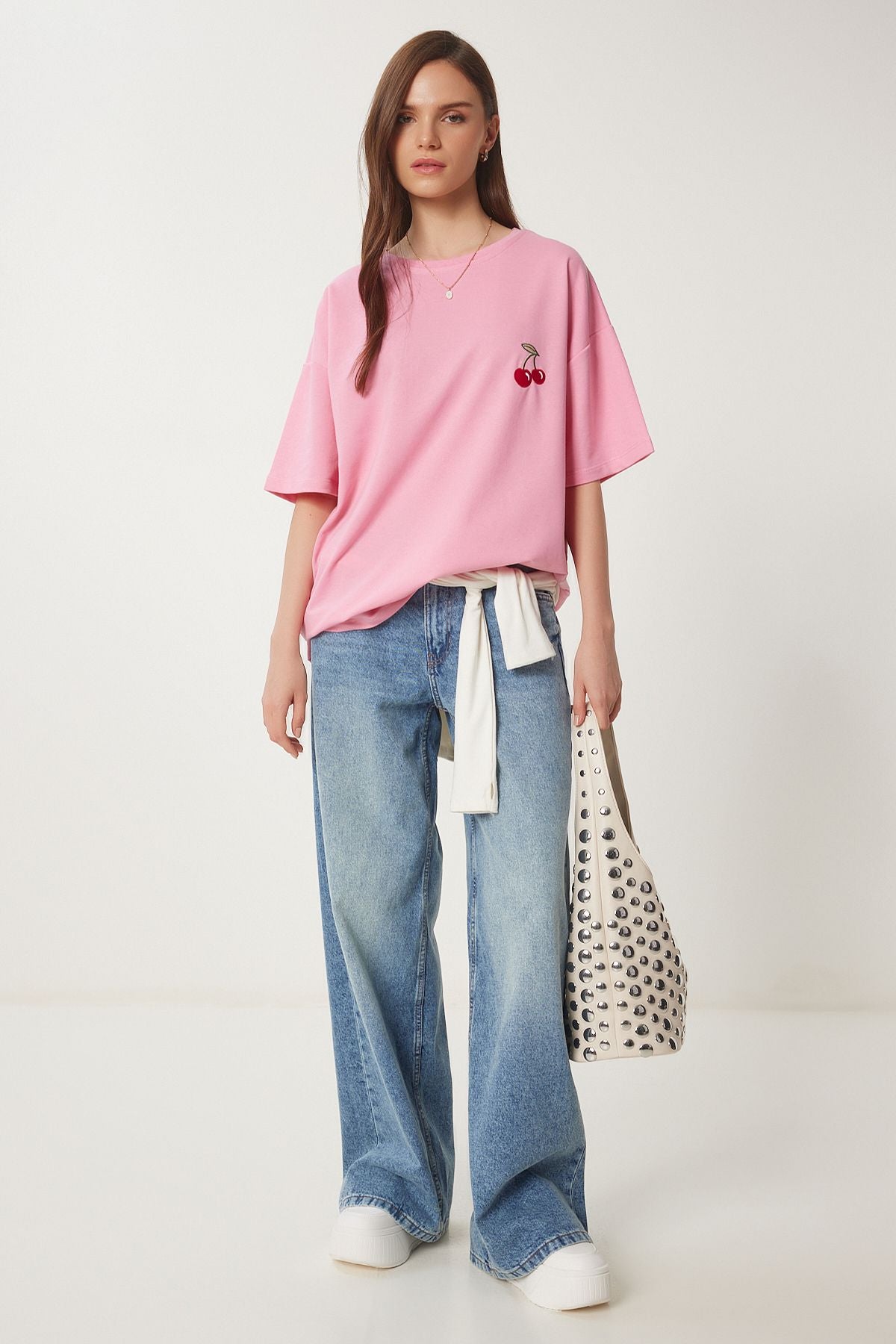 Pembe Oversize Nakışlı Örme T-Shirt ZV00276