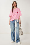 Pembe Oversize Nakışlı Örme T-Shirt ZV00276