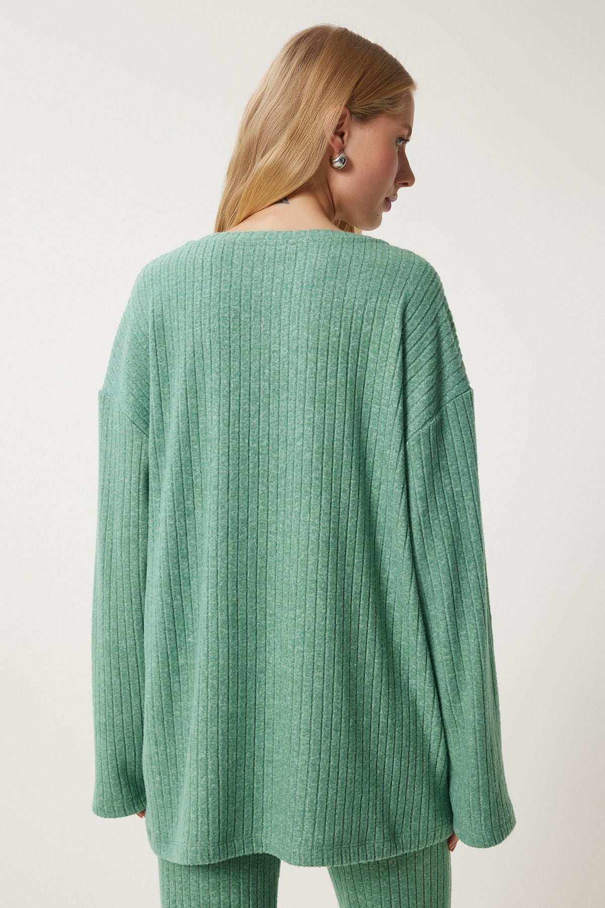 Çağla Yeşili Rahat Fitilli Örme Bluz Pantolon Takım RG00047